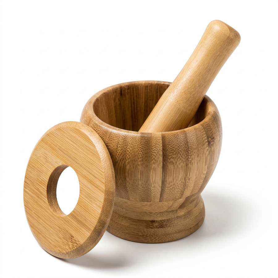 Mortier et pilon à ail en bambou avec couvercle, vue produit sur fond blanc