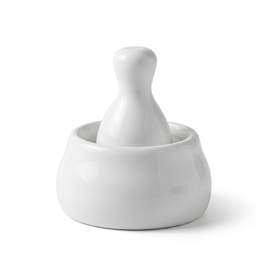 Mortier et pilon en céramique blanche, vue produit sur fond blanc