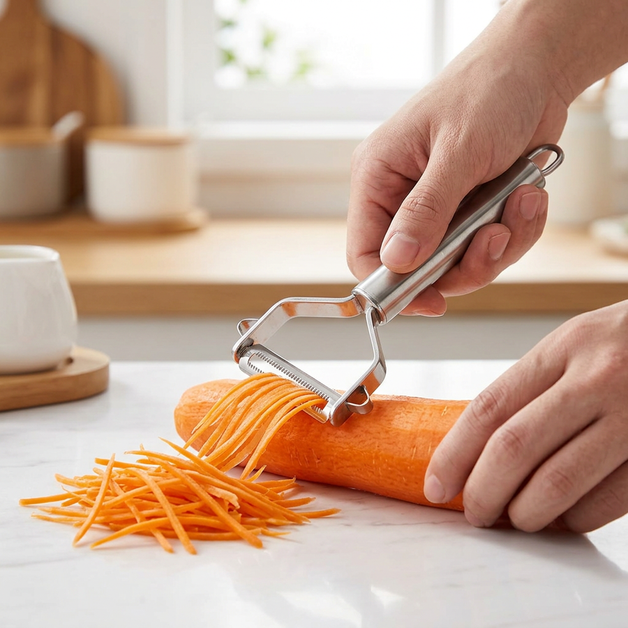 Éplucheur-julienne inox 4 en 1, en cours d'utilisation
