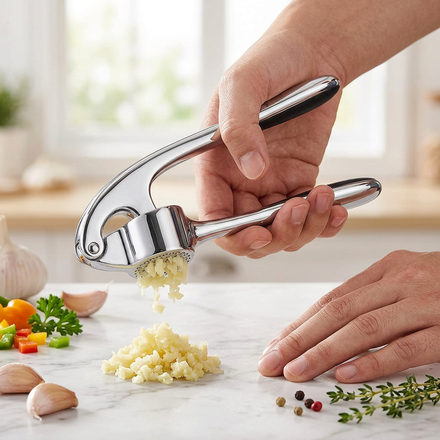 Hachoir presse-ail à levier zinc et inox, en cours d'utilisation