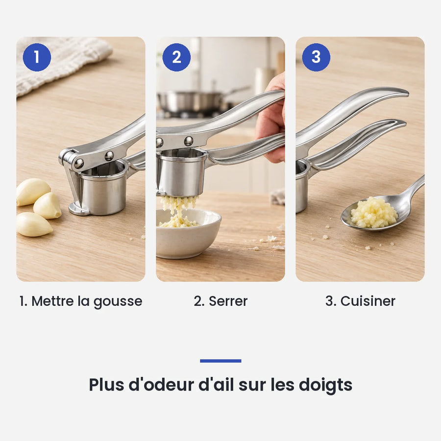 Comment utiliser le hachoir presse-ail manuel en alliage de zinc en 3 étapes : mettre la gousse, serrer, cuisiner