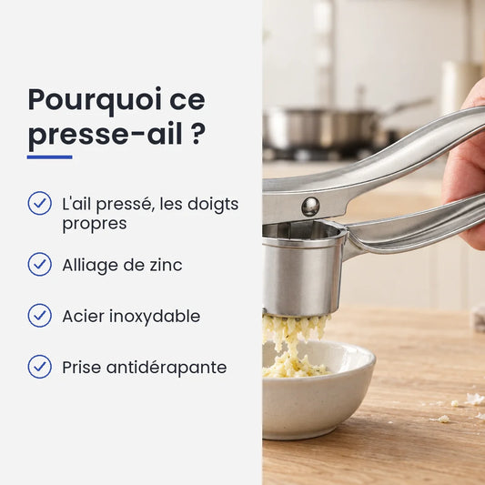 Pourquoi choisir ce presse-ail : l'ail pressé, les doigts propres, alliage de zinc, acier inoxydable, prise antidérapante