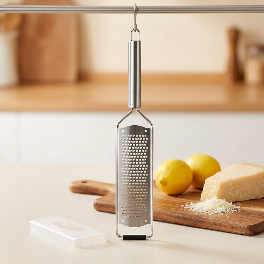 Râpe plate inox 304, poignée tube, en situation dans la cuisine