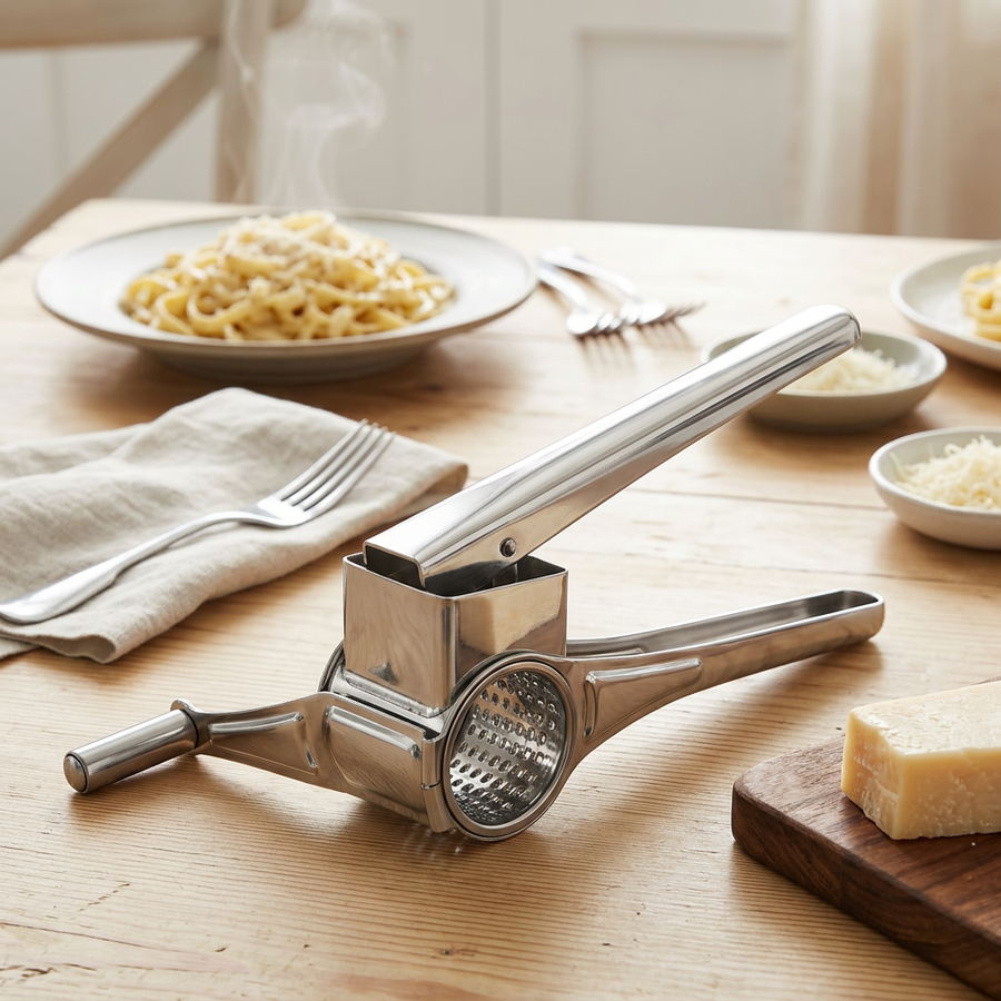 Râpe à tambour inox à manivelle, en situation dans la cuisine