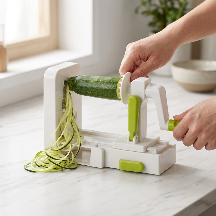 Spiraliseur à légumes 5 lames pliable, en cours d'utilisation