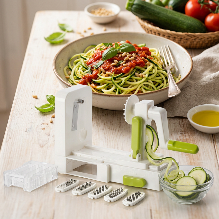 Spiraliseur à légumes 5 lames pliable, en situation dans la cuisine
