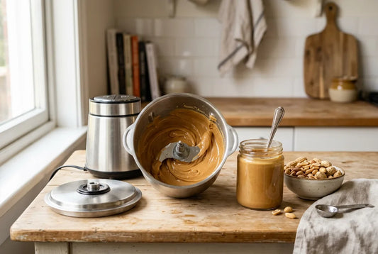 Beurre de cacahuète maison dans le bol inox d'un hachoir électrique, à côté d'un bocal et de cacahuètes grillées