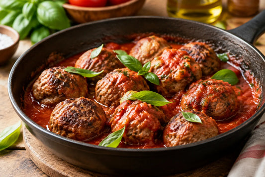 Boulettes de viande hachée dorées dans une poêle avec une sauce tomate et du basilic frais