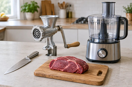 Couteau de chef, hachoir à viande manuel et robot de cuisine à côté d'un morceau de bœuf sur une planche