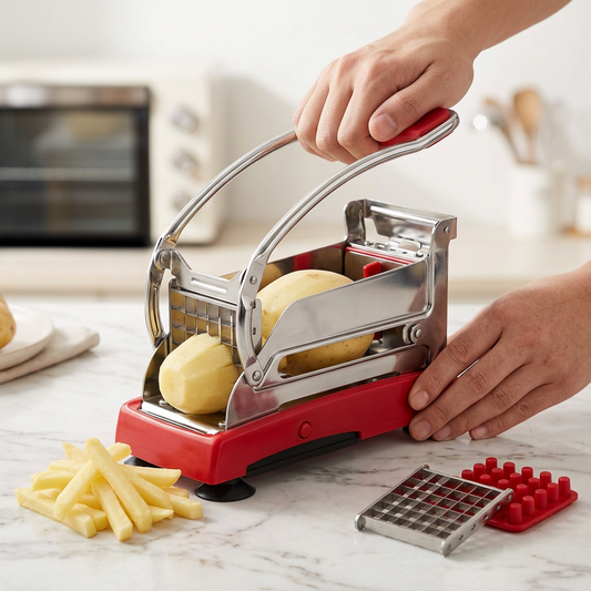 Coupe-frites inox à levier et base ventouse en action sur une pomme de terre