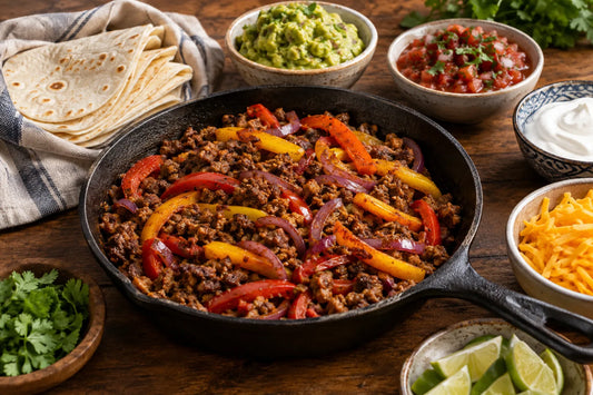 Fajitas à la viande hachée dans une poêle en fonte avec tortillas, guacamole, salsa et cheddar