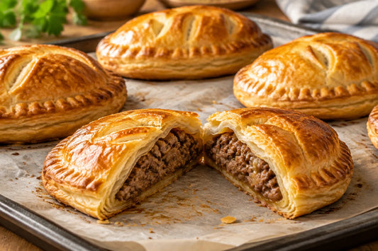 Feuilletés à la viande hachée dorés sur une plaque de cuisson, l'un coupé en deux pour montrer la farce