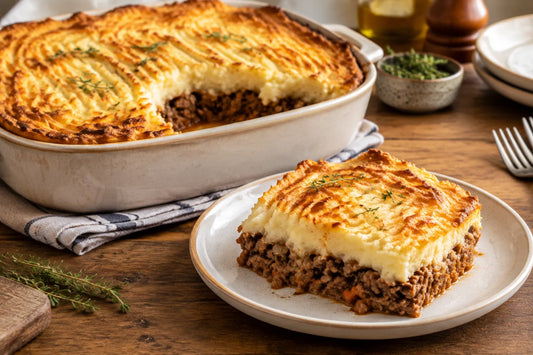 Hachis parmentier gratiné dans un plat en céramique avec une portion servie montrant la viande hachée et la purée dorée