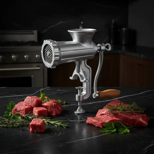 Hachoir à viande manuel en fonte avec des cubes de boeuf et des herbes sur un plan de travail en marbre noir