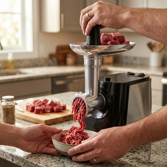 Viande hachée fraîche préparée au hachoir, prête à être façonnée en steaks