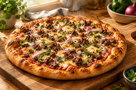 Pizza à la viande hachée maison sur une planche en bois, avec poivron, oignon rouge et mozzarella