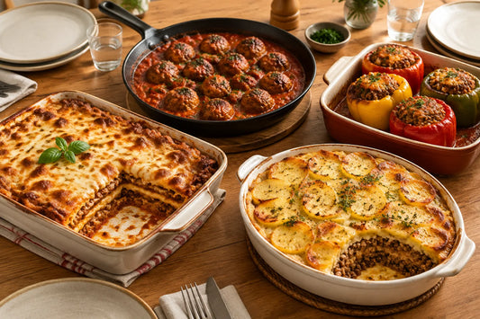 Table dressée avec plusieurs plats à base de viande hachée : lasagnes, boulettes en sauce, poivrons farcis et gratin