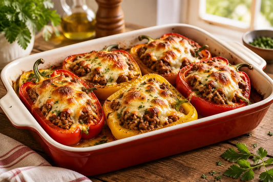 Poivrons farcis à la viande hachée gratinés au four dans un plat en céramique