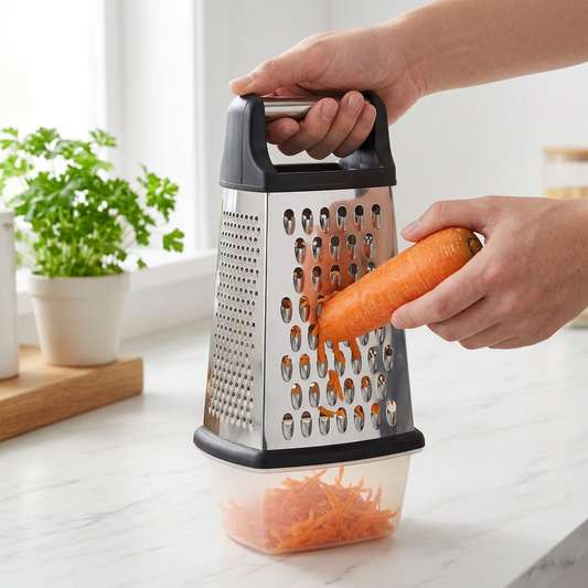 Râpe inox 4 faces en action sur une carotte au-dessus de sa boîte de récupération