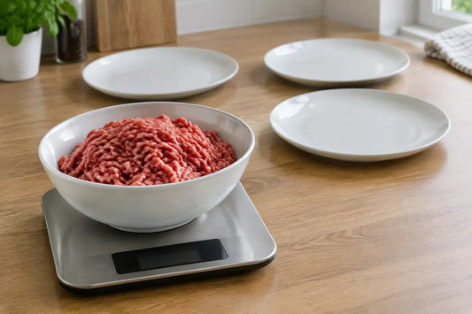 Bol de viande hachée crue pesée sur une balance de cuisine avec des assiettes vides pour illustrer les portions par personne