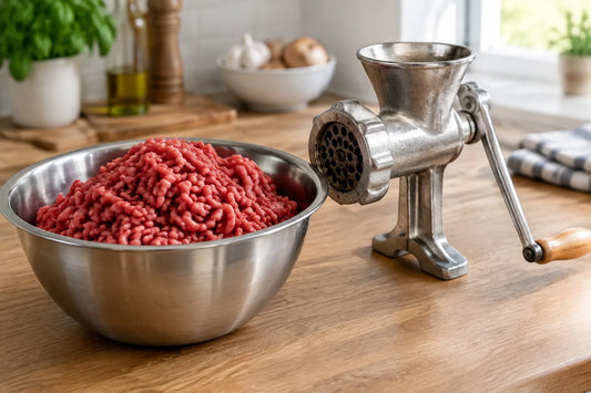 Viande hachée de bœuf fraîche dans un bol en inox à côté d'un hachoir à viande manuel