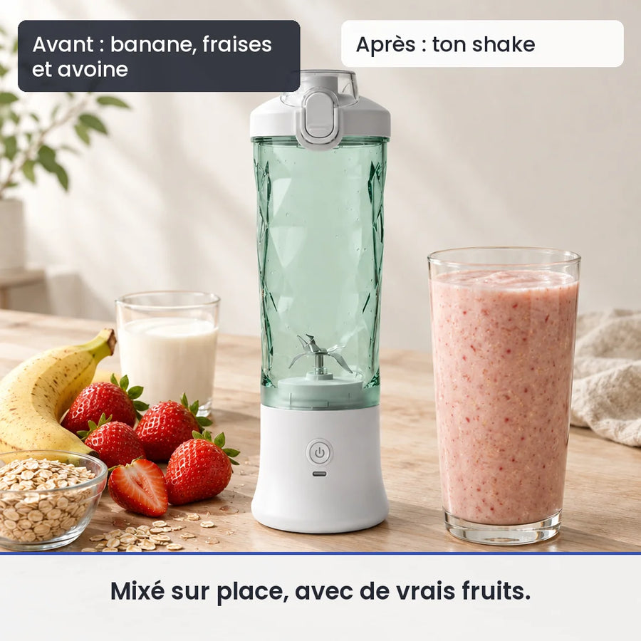 Avant/après avec le blender portable électrique 600ml USB smoothies : banane, fraises et avoine, puis ton shake