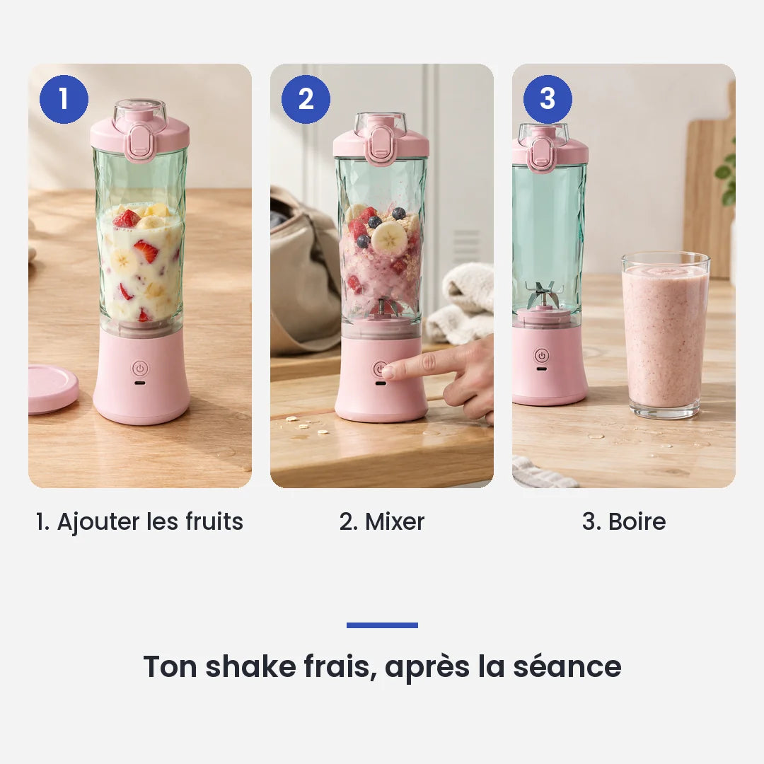Comment utiliser le blender portable électrique 600ml rechargeable USB en 3 étapes : ajouter les fruits, mixer, boire