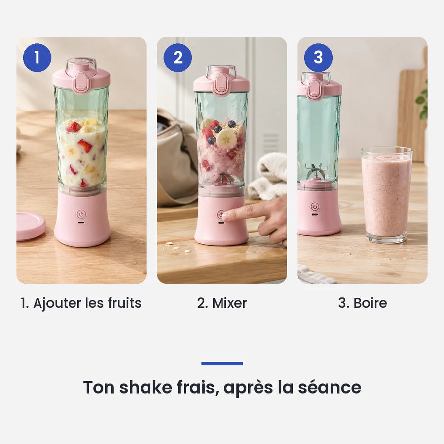 Comment utiliser le blender portable électrique 600ml rechargeable USB en 3 étapes : ajouter les fruits, mixer, boire