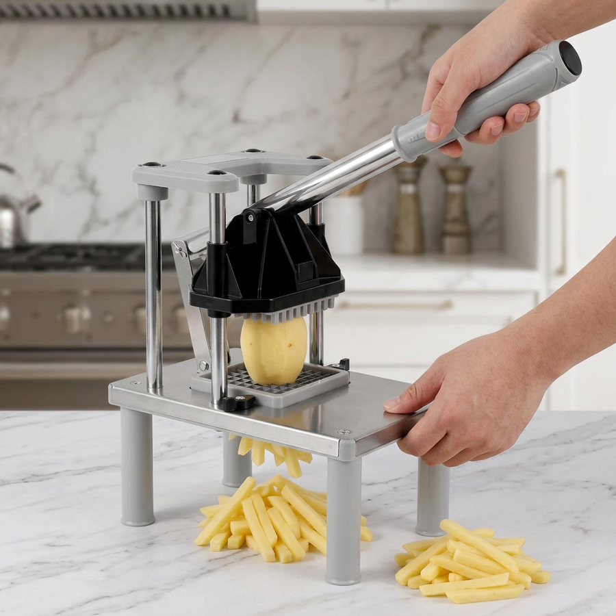 Coupe-frites professionnel inox sur pieds, 2 grilles, en cours d'utilisation