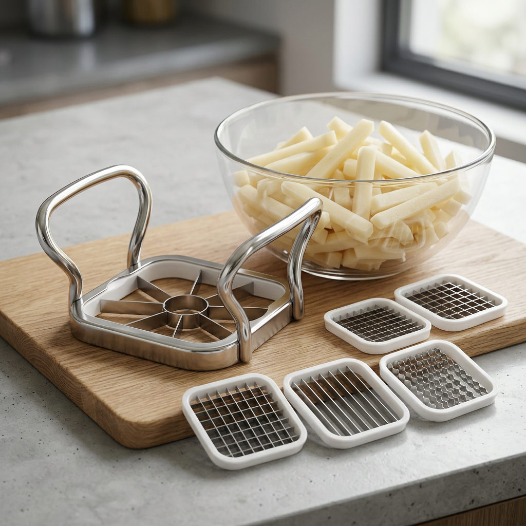 Coupe-frites 5 en 1 inox avec vide-pomme, résultat obtenu