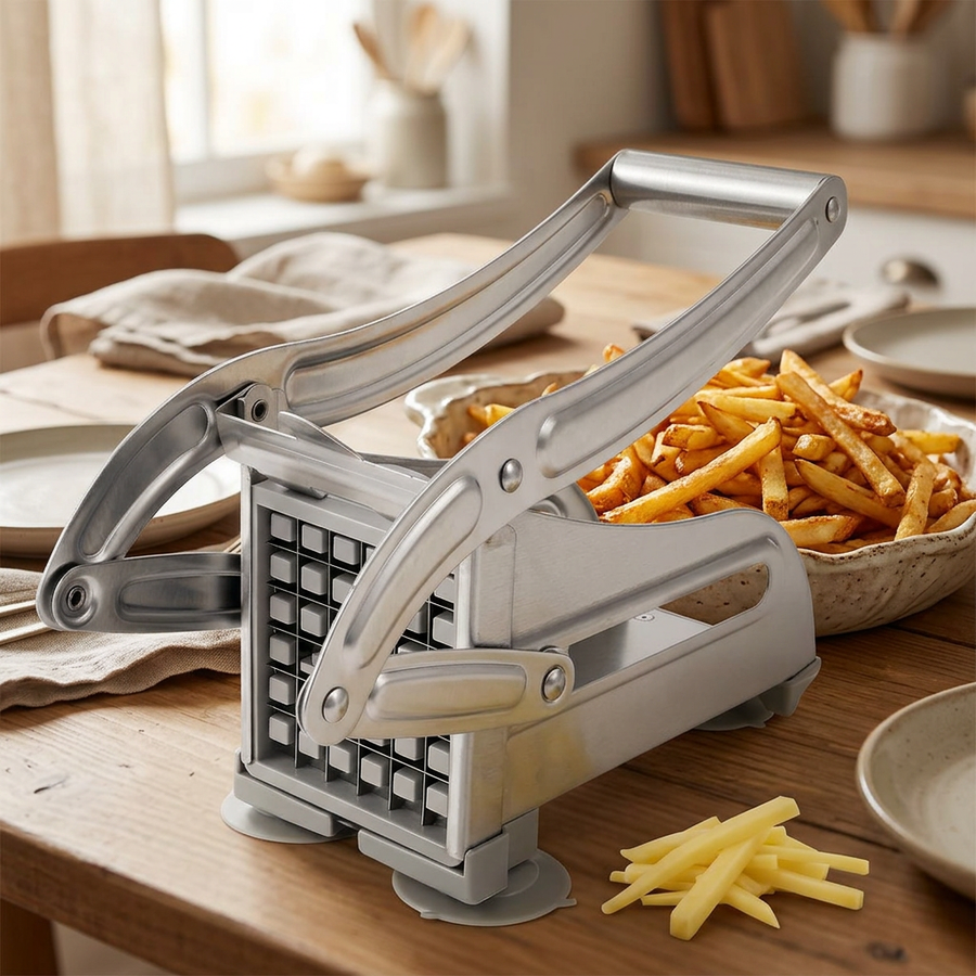 Coupe-frites manuel inox à levier, 2 grilles, en situation dans la cuisine