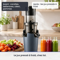 Avant/après avec ce extracteur : carottes, betteraves, céleri, pommes, puis tes jus pressés à froid