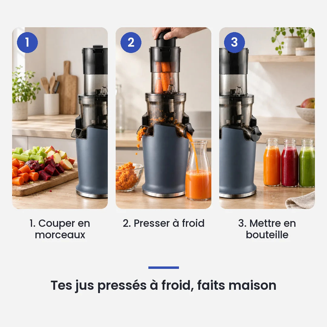 Comment utiliser le extracteur de jus BioloMix presse à froid en 3 étapes : couper en morceaux, presser à froid, mettre en
