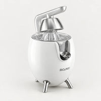 Presse-agrumes électrique ROUNY blanc en forme d'œuf, levier et cône en inox, trois pieds inox, fond clair