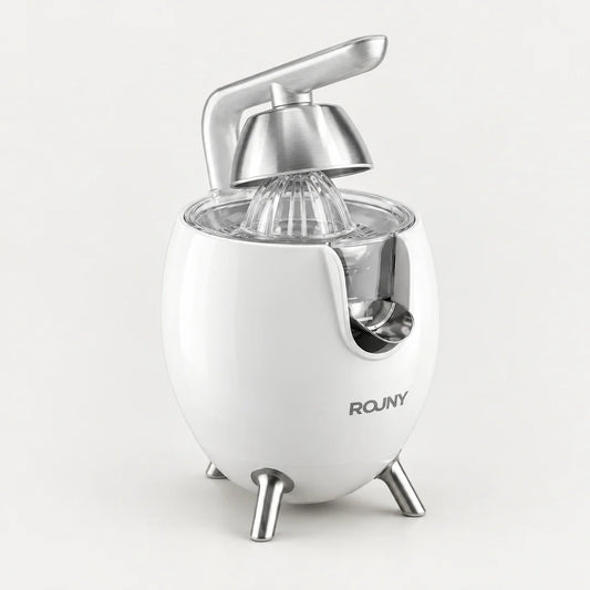 Presse-agrumes électrique ROUNY blanc en forme d'œuf, levier et cône en inox, trois pieds inox, fond clair