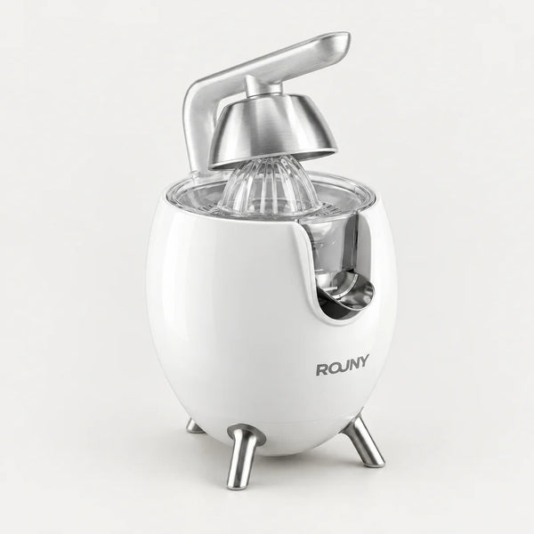 Presse-agrumes électrique ROUNY blanc en forme d'œuf, levier et cône en inox, trois pieds inox, fond clair