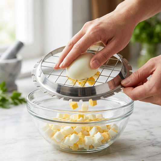 Grille ronde inox coupe-dés pour œufs et champignons, en cours d'utilisation