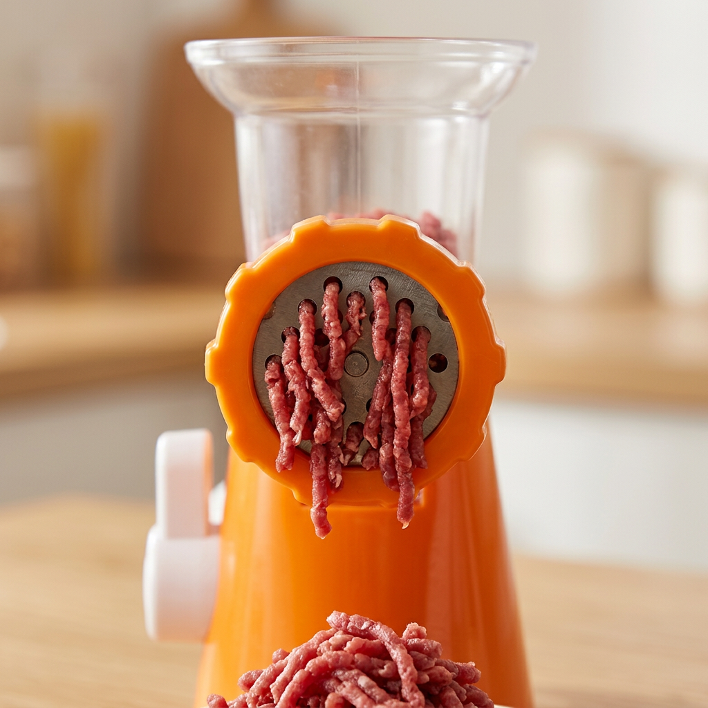 Hachoir à viande manuel à ventouse, orange, gros plan sur les détails