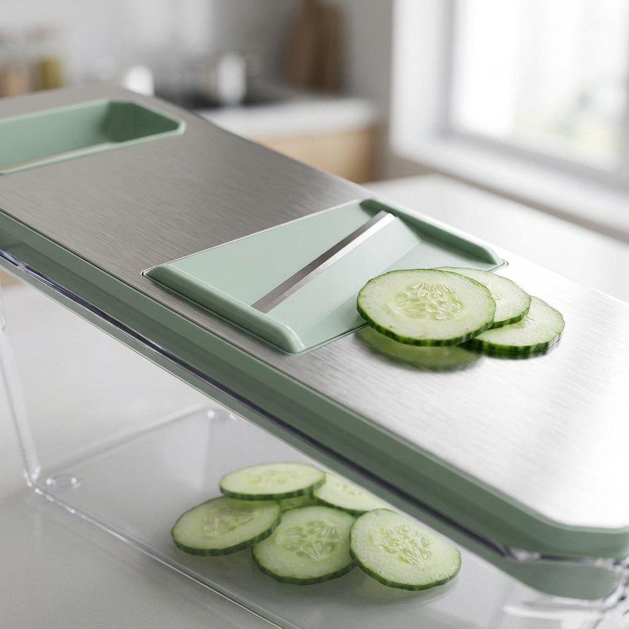 Mandoline 6 en 1 à lames interchangeables, gros plan sur les détails