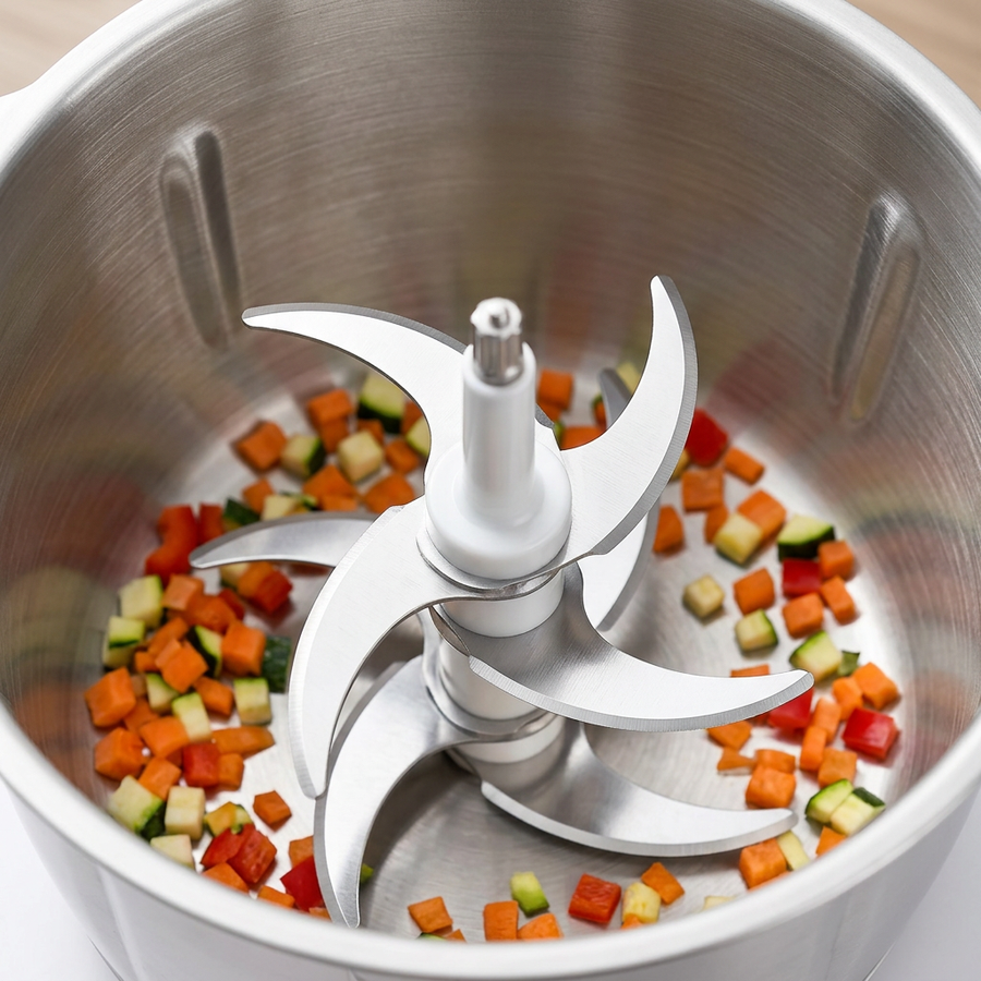Hachoir électrique inox 5 L 500 W à poignée, 5 lames, gros plan sur les détails