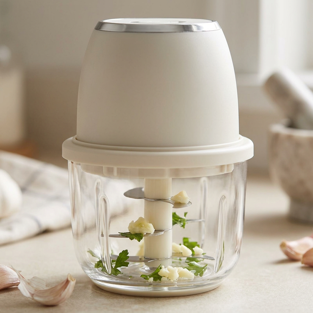 Mini hachoir électrique 350 ml ivoire, gros plan sur les détails