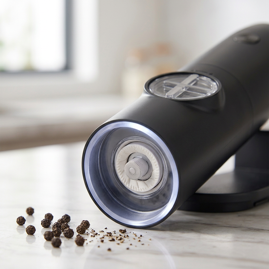 Moulin à poivre électrique noir avec lumière LED, gros plan sur les détails