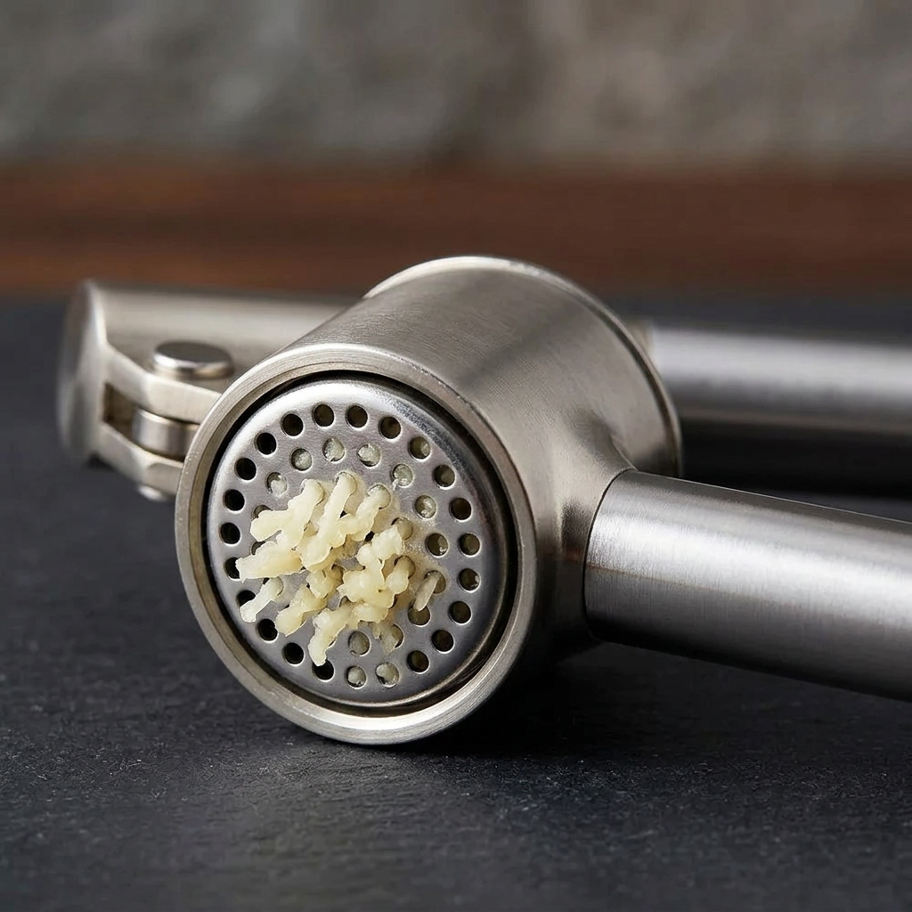 Presse-ail inox à manches tubulaires, panier amovible, gros plan sur les détails