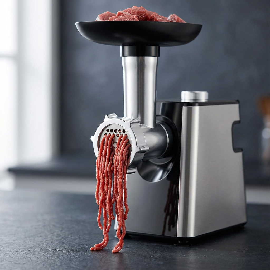 Hachoir à viande électrique 4 en 1 inox, tambours râpe et trancheuse, gros plan sur les détails