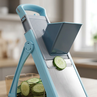 Mandoline verticale avec bac de récupération, gros plan sur les détails