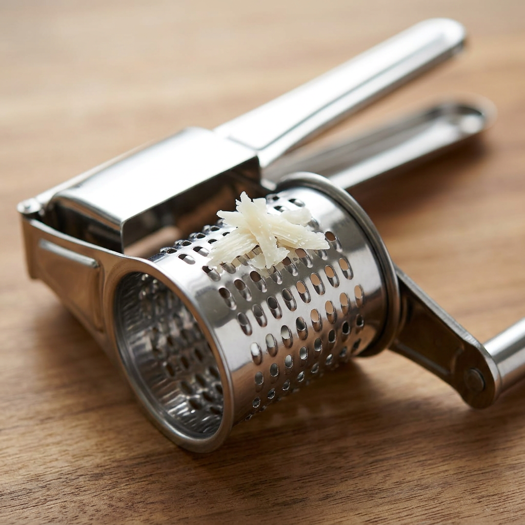 Râpe à tambour inox à manivelle, gros plan sur les détails