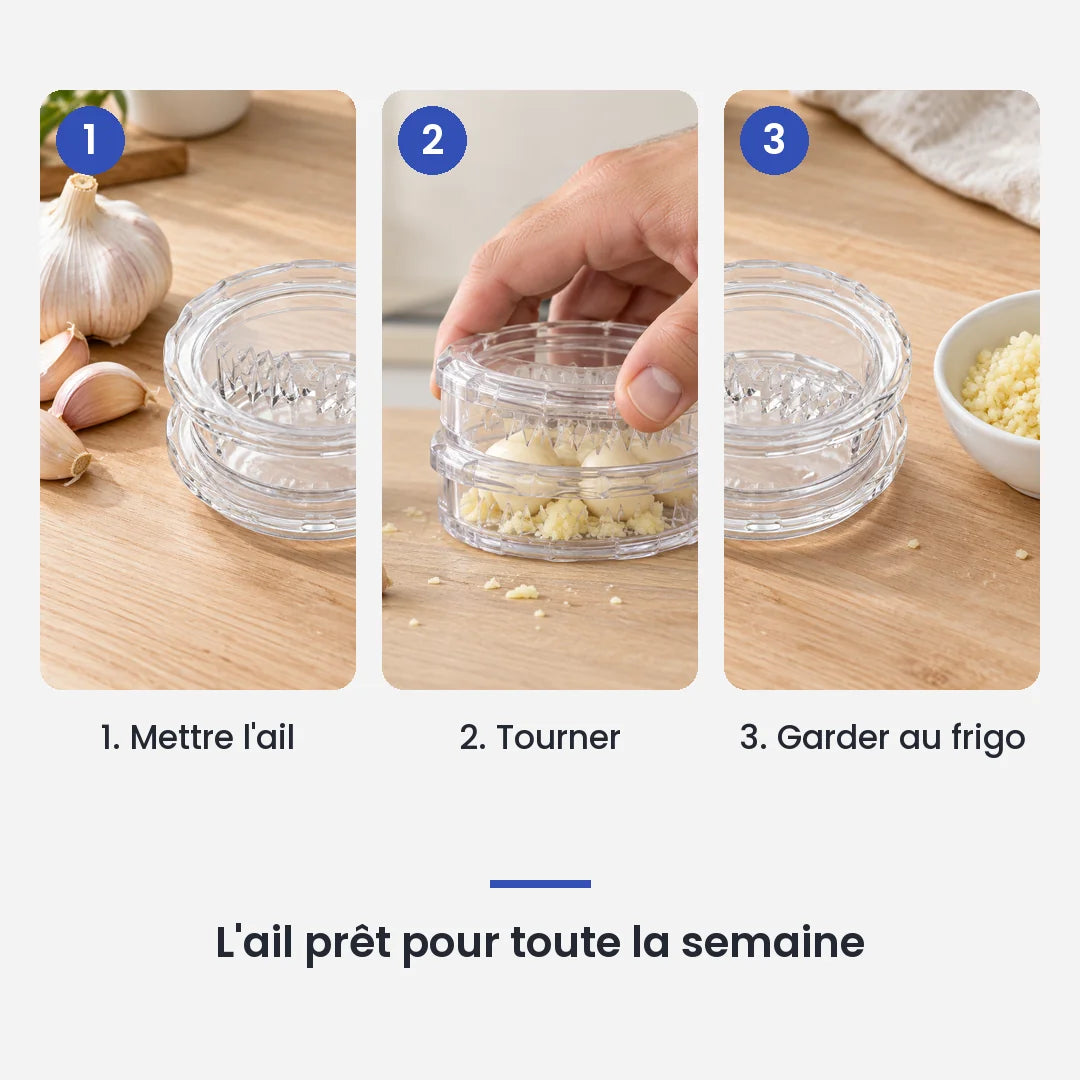 Comment utiliser le hachoir ail multifonction transparent à torsion en 3 étapes : mettre l'ail, tourner, garder au frigo
