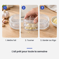 Comment utiliser le hachoir ail multifonction transparent à torsion en 3 étapes : mettre l'ail, tourner, garder au frigo