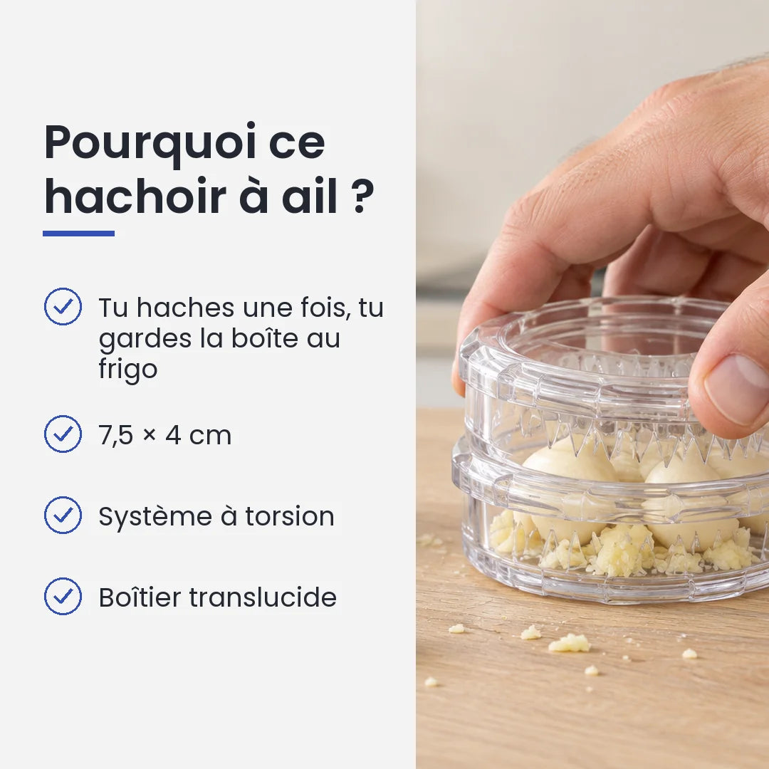Pourquoi choisir ce hachoir à ail : tu haches une fois, tu gardes la boîte au frigo, 7,5 × 4 cm, système à torsion