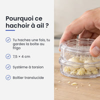 Pourquoi choisir ce hachoir à ail : tu haches une fois, tu gardes la boîte au frigo, 7,5 × 4 cm, système à torsion